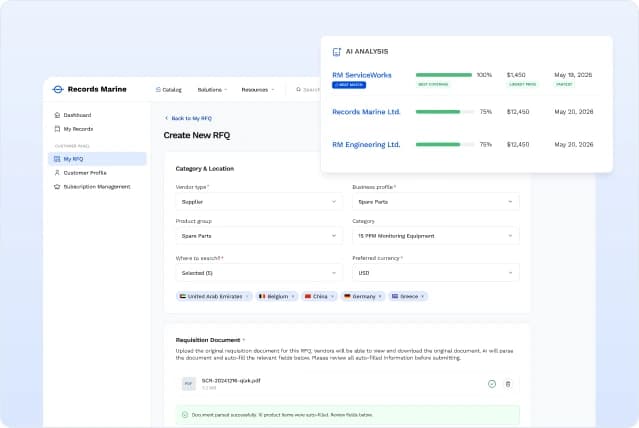 Create New RFQ form with an AI Analysis panel comparing submitted offers