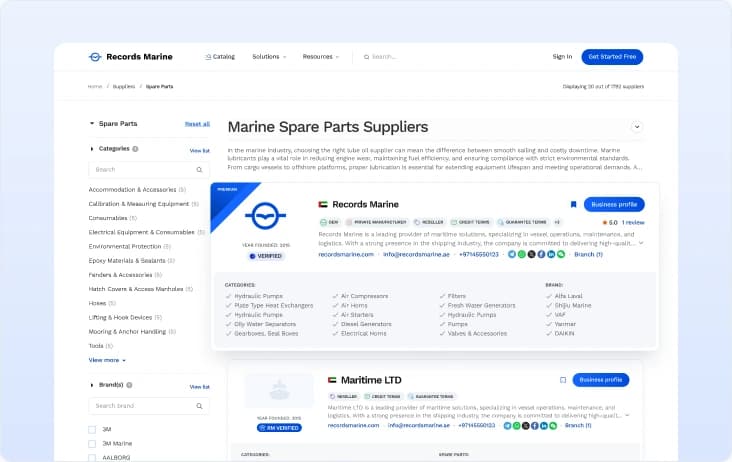 Records Marine catalog showing suppliers with verification badges
