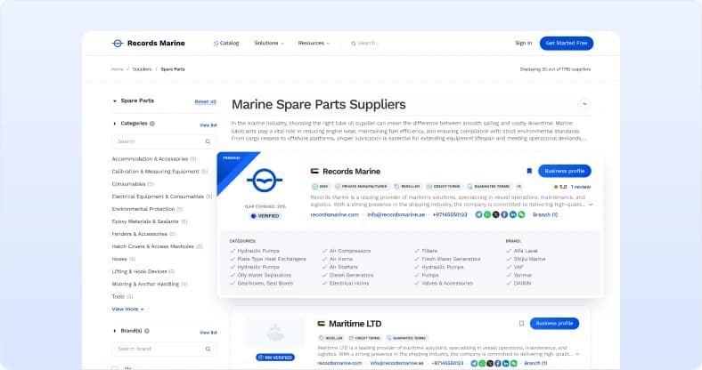 Records Marine catalog showing suppliers with verification badges