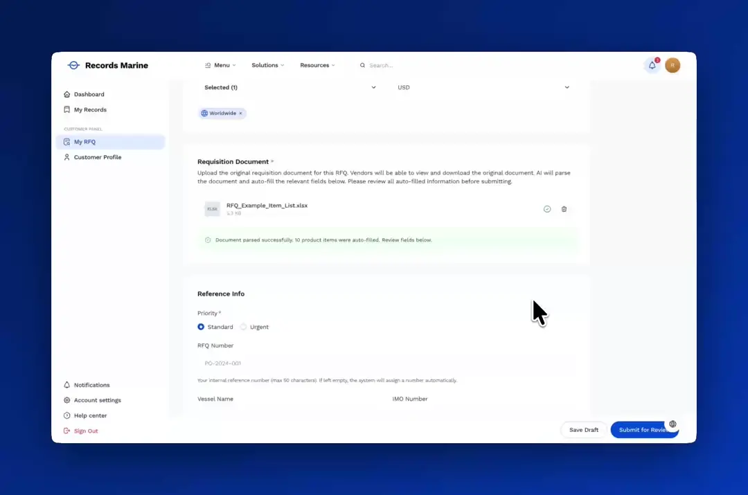 Create RFQs for Supply & Services preview